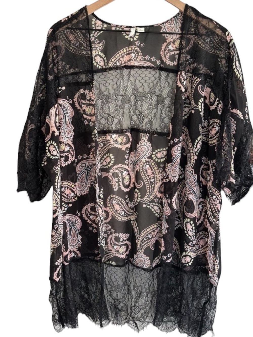 Paisley Lace Trimmed Open Front Kimono Large Sheer Whimsygoth Witchy